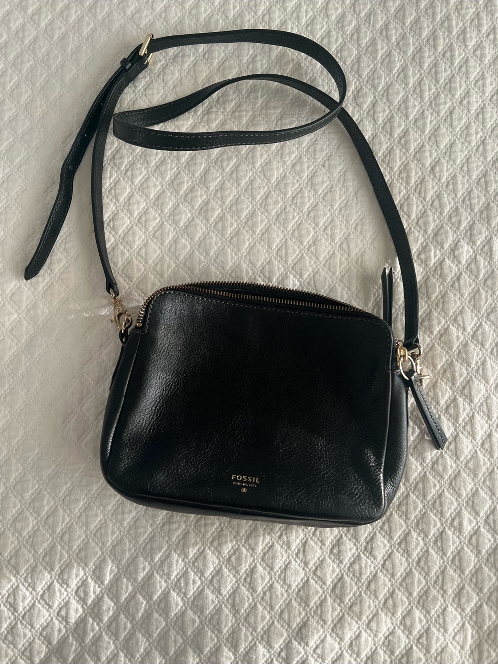 Fossil Black Leather Compact Crossbody with Gold Hardware